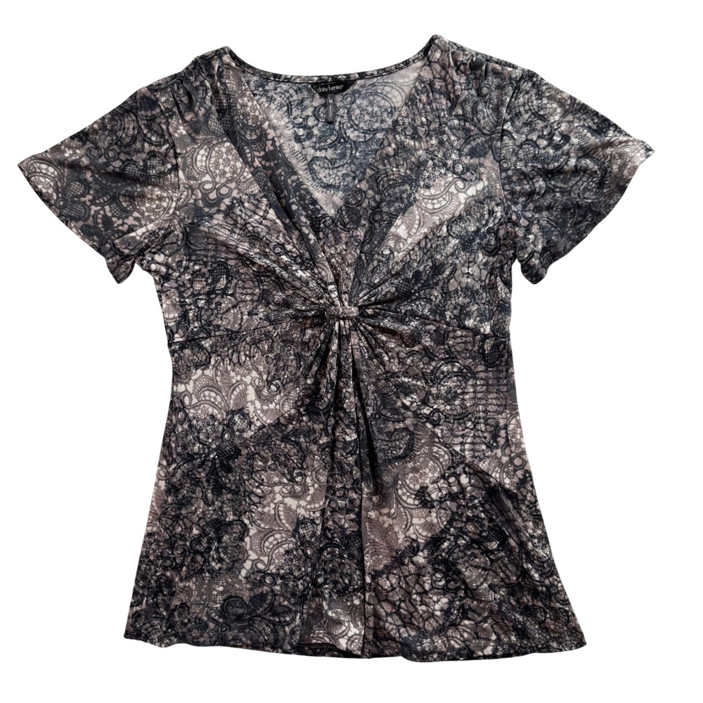 Daisy Fuentes Women's Grey Lace Print Twist Front V Neck Short Sleeve Top Medium